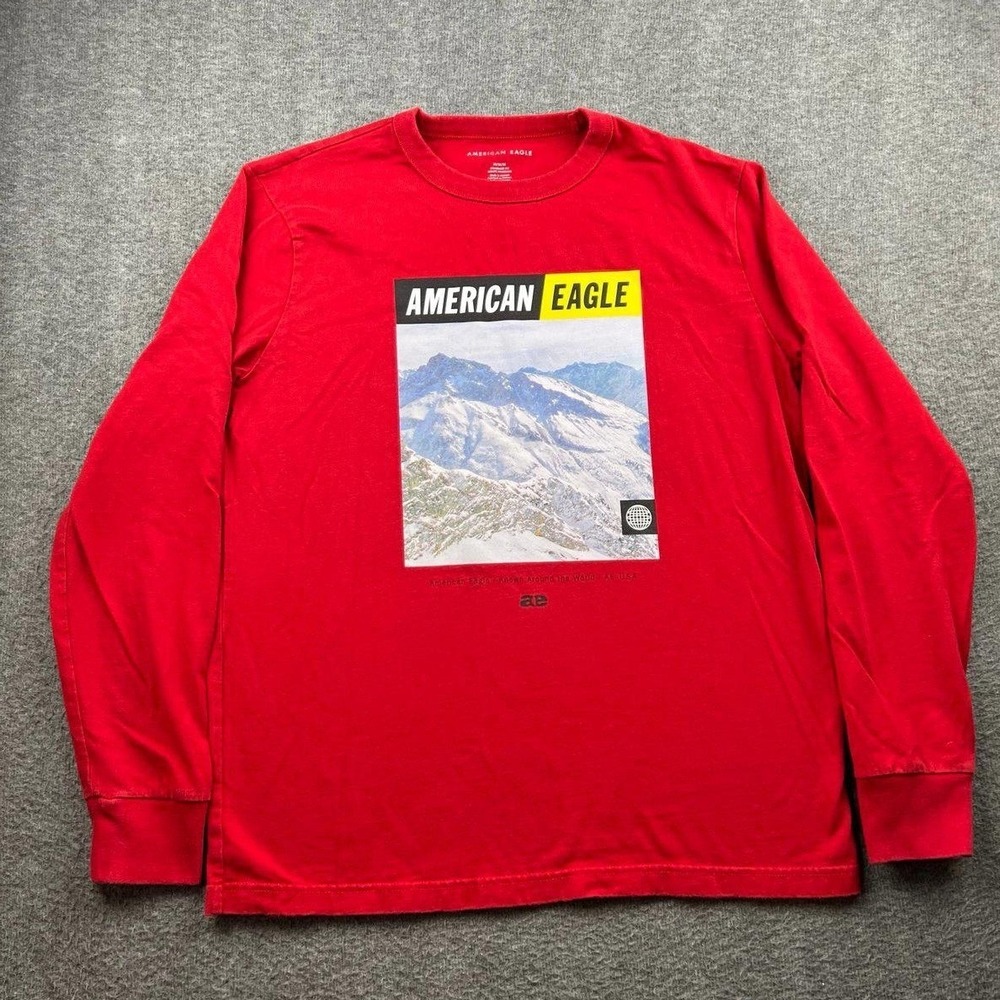 American Eagle Men's Medium Red Long Sleeve Graphic T-Shirt Mountain Print
